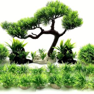 BEGONDIS Artificial Aquarium Green Water Plants Tree Set 25 Pcs, Fish Tank Aquarium Decorations (Set 1)