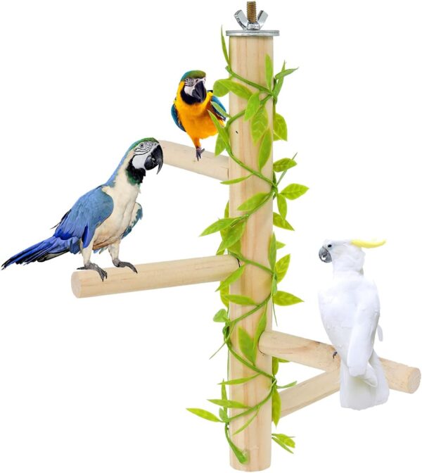 Andiker Bird Perches, Natural Tree Branch Birdcage Pole with Green Leaves, Paw Grinding Stick, Parrot Chew Toys for Parrots, Macaws, Parakeets, Conures, Cockatiel, Budgie (1pc)