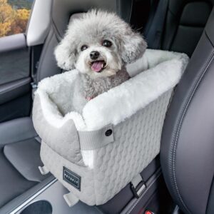 PETSFIT Center Console Dog Car Seat with Safe Protection Hooks, Pet Car Seat with Upgraded Safety Tethers, Washable Cushion, Console Dog Car Seats for Small Dogs Up to 6KG(Light Grey)