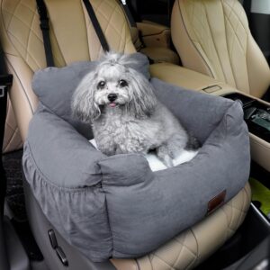 Dog Car Seat with Safe Belt Washable and Stain Resistant 2 in 1 Pet Booster Seat for Small and Medium Dogs Cats Super Soft PP Cotton Travel Safety Pet Car Seat with Storage Bag and Harness Strap