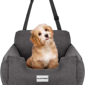 Dog Car Seat with Mat, Muswanna Puppy Booster Seat Detachable Non-Slip Dog Travel Car Carrier Bed with Storage Pocket&Clip-on Safety Leash for Small and Medium Pets,Compatible with all Cars/SUVs(Grey)