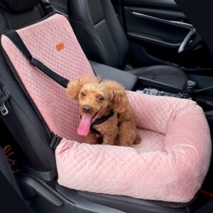 Washable Dog Car Seat for Medium & Small Dog, Pet Booster Seat Bed with Safety Seat Belt Leash for Puppy Cat Travel, Velvet & Soft Filling (Pink)