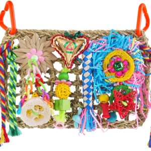 Pethee Budgie Toys Cockatiel Foraging Toys for Parrots Parakeets Conures Bird Chewing Shredding Wall with Colorful Toys Bird Climbing Net for Love Birds Finches