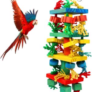 MQUPIN Chewing Large Parrot Toys,Bird Toys for Cockatoos African Grey Macaws and Amazon Parrots, Multicolored Natural Wooden Block Toy for Climbing, Chewing, Unraveling and Preening(21.3" X 5.1")