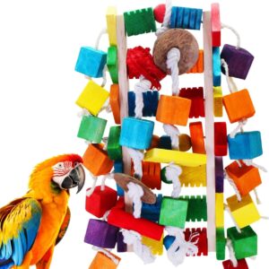 MQUPIN Large Bird Parrot Toys,Colorful Wooden Blocks of Different Shapes Chew Parrot Toys,22 Inch Natural Wooden Block Parrot Toys for African Greys, Amazons, Cockatoos and Macaws large parrot toys