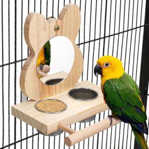 TeTupGa Bird Perch with Mirror and Stainless Steel Feeding Cups,Wooden Parrot Mirror Toy for Bird Cage, Bird Food water Feeder Perches for Budgie Parakeet Lovebird African Grey Macaw Cockatiels