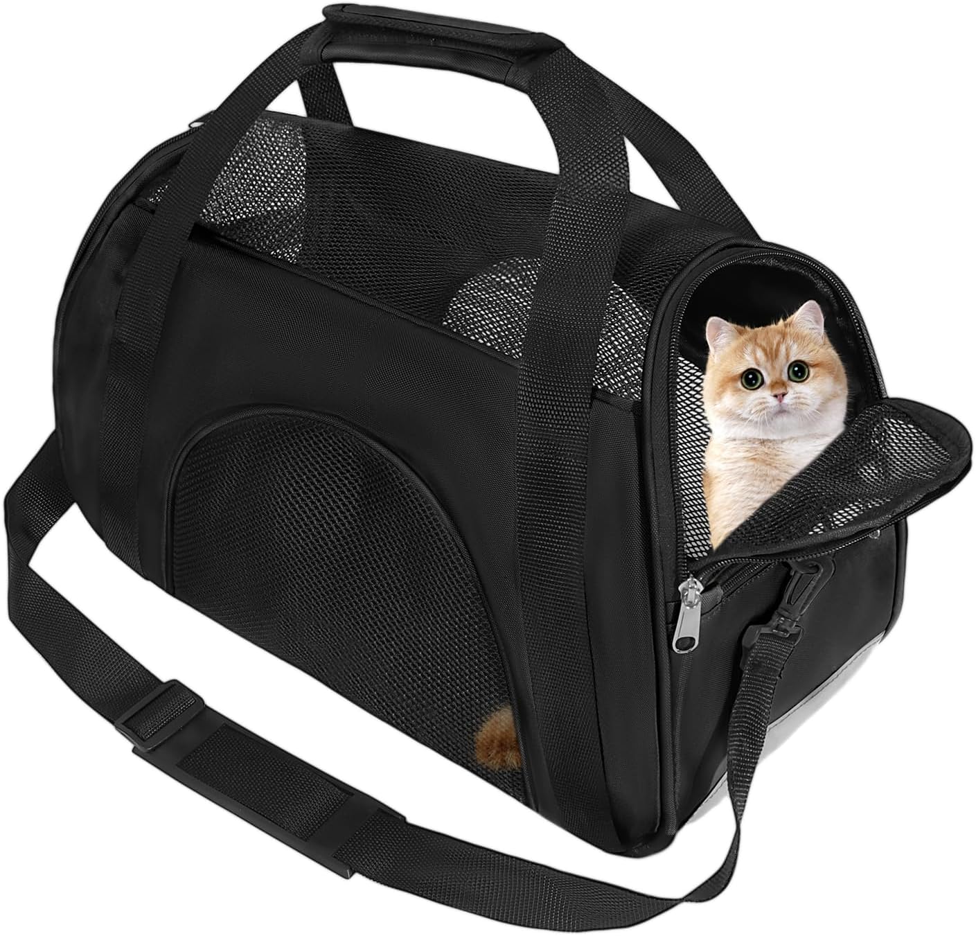 Soft Sided Comfort Cat Carrier，Portable Foldable Pet Travel Carriers Bag For Puppy/Dog With Shoulder Strap & Removable Mat，Durable Cats Basket Airline Approved(Black,M)