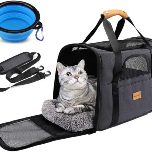 Morpilot Cat Carrier, Portable Pet Carrier Bag for Cats and Small Dogs, Foldable Soft Sided Cat Transport Carrier, Airline Approved Pet Travel Carrier with Shoulder Strap, Removable Mat and Pet Bowl