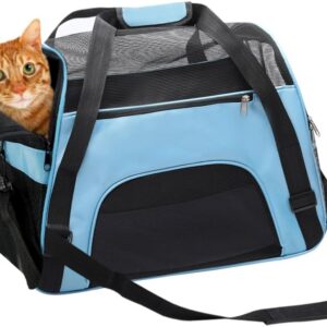 DONYER POWER Soft Sided Pet Carrier for Cats Comfort Airline Approved Under Seat Travel Tote Bag, with Mesh Top and Sides, BLUE