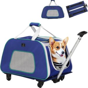 A 4 Pet Dog Carrier on Wheels, Rolling Cat Carrier Up to 33 LBS, Portable Pet Carrier Travel Bag with Handle Adjustable and Removable Base, Navy Blue