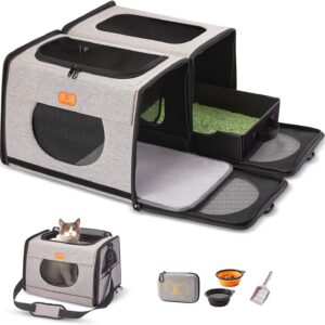 ICREATE.X Large Cat Carrier, Travel Litter Box for Cats, Collapsible Dog Crate, One for Litter Box and soft cat cage 2-in-1 Double Pet Carrier bag