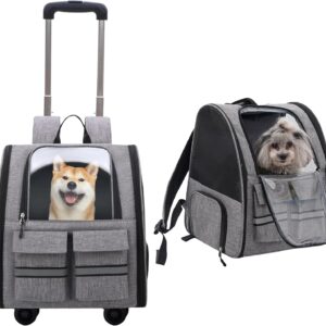 Pet Trolley Backpack,Pet Carrier on Wheels,Multi-Function Pet Carrier with Adjustable Height and Airline Approved Pet Collapsible & Detachable Trolley,Breathable Pet Travel Carrier for Dogs Cats