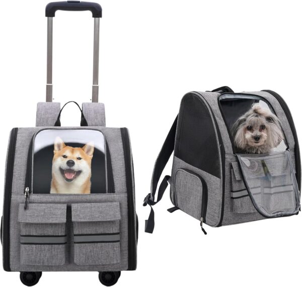 Pet Trolley Backpack,Pet Carrier on Wheels,Multi-Function Pet Carrier with Adjustable Height and Airline Approved Pet Collapsible & Detachable Trolley,Breathable Pet Travel Carrier for Dogs Cats