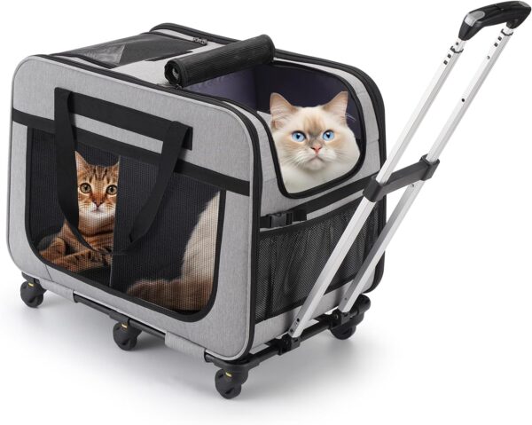 FASNATI Extra Large Double-Compartment Pet Carrier with Detachable Wheels for Cat/Dog, Foldable Rolling Carrier for 2 Cats, Pet Cat Travel Carrier for Walking/Camping, Grey