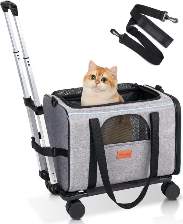 Morpilot Cat Carrier with Wheels Airline Approved, Pet Dog Carrier with Wheels for Small Dogs, Rolling Cat Carrier for Large Cats Puppy Stroller Detachable and Foldable Pet Travel Bag Dark Gray