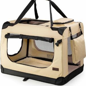 lionto Pet Carrier Foldable Dog Transport Box Car Crate Small Animal Carrier, (S) 50x34x36 cm beige