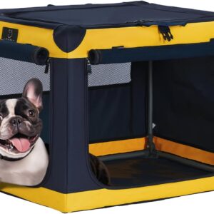 A 4 Pet Soft Dog Crate, 26 Inch Foldable Travel Dog Crate for Small Dogs and Cats, Puppy Crate with Durable & Adjustable Steel Frame and Washable Fabric Cover, Yellow