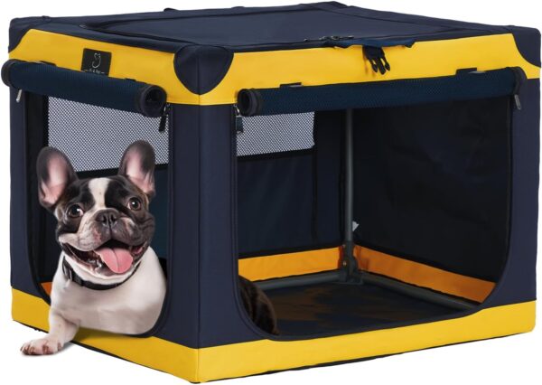 A 4 Pet Soft Dog Crate, 26 Inch Foldable Travel Dog Crate for Small Dogs and Cats, Puppy Crate with Durable & Adjustable Steel Frame and Washable Fabric Cover, Yellow