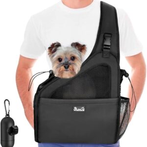 Eyein Pet Puppy Sling Carrier, Up to 6-15.8lbs Hand Free Cat Dog Papoose, Hard Bottom Support Small Animal Travel Tote Bags with Breathable Mesh Adjustable Padded Strap Safety Belt Machine Washable