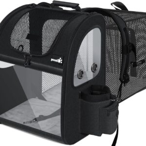 Pecute Pet Carrier Backpack Expandable,Portable Breathable Rucksack with Mesh Opening-Visible Acrylic-Safety Belt-Pockets, Extendable Back More Space Great For Carrying Puppy Cats (Black)