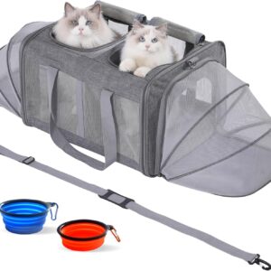 Pawlen Large Cat Carrier for 2 Cats with Removable Soft Pad(43.3 x 17 x13Inches), Collapsible&Expandable Pet Carrier for Large Cats and Small Dogs 35 LBS,Breathable Mesh Top,Safety Harness (Grey, L)