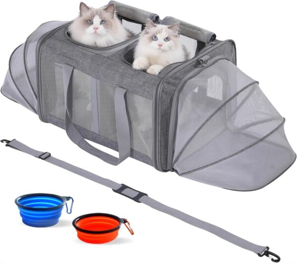 Pawlen Large Cat Carrier for 2 Cats with Removable Soft Pad(43.3 x 17 x13Inches), Collapsible&Expandable Pet Carrier for Large Cats and Small Dogs 35 LBS,Breathable Mesh Top,Safety Harness (Grey, L)