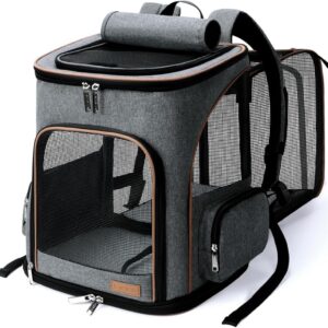 Lekesky Expandable Cat Carrier Backpack - Portable Breathable Rucksack for Medium and Small Cats & Dogs, Foldable with Inner Escape-proof Leash and Pet Mat, Supports 25 lbs (Grey)