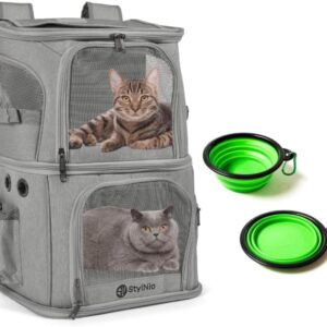 Double Cat Carrier Backpack - Two Compartment Pet Travel Bag for Cats, Small Dogs and Pets - for Airline, Hiking or Car - includes 2 Collapsible Food and Water Bowls