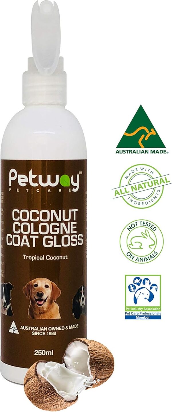 Petway Petcare Coconut Cologne Coat Gloss for Dogs and Puppies, Natural Cologne Spray with Coconut for Conditioning, Dog Gloss with Deodoriser, Pet Odor Eliminator and Dog Grooming Spray, 250ml