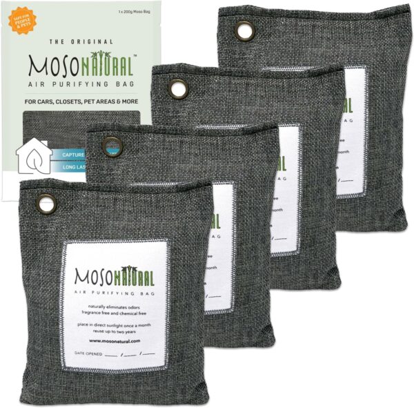 Moso Natural Air Purifying Bag 200g (4 Pack). A Scent Free Odour Eliminator for Cars, Closets, Bathrooms, Pet Areas. Premium Moso Bamboo Charcoal Odour Absorber. (Charcoal Grey)