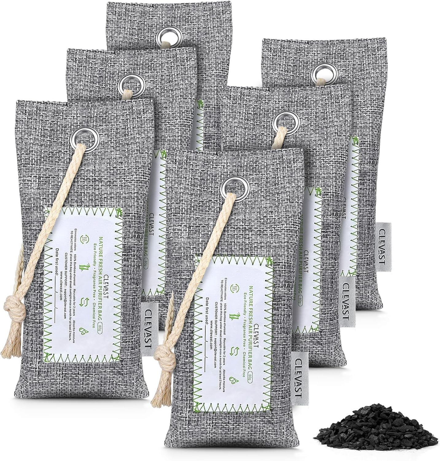 CLEVAST Bamboo Charcoal Air Purifying Bags (6×60g), Removes Odors and Moisture, Nature Fresh Air Purifier Bags, Deodorizer Eliminator, Purifier for Closet, Shoe, Large Room, Car Air