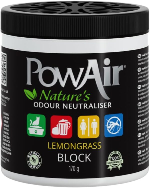 PowAir Block Natural Odour Neutraliser - Lemongrass Scent 170g - Odour Control for Small Rooms and Areas - Natural Essential Oils