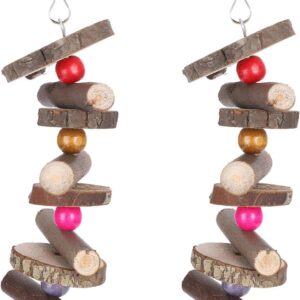 2Pcs Parrot Bird Chewing Toy Natural Wooden Hanging Bite Toys Parrot Blocks Toy with Bell for African Grey, Macaws Cockatoos