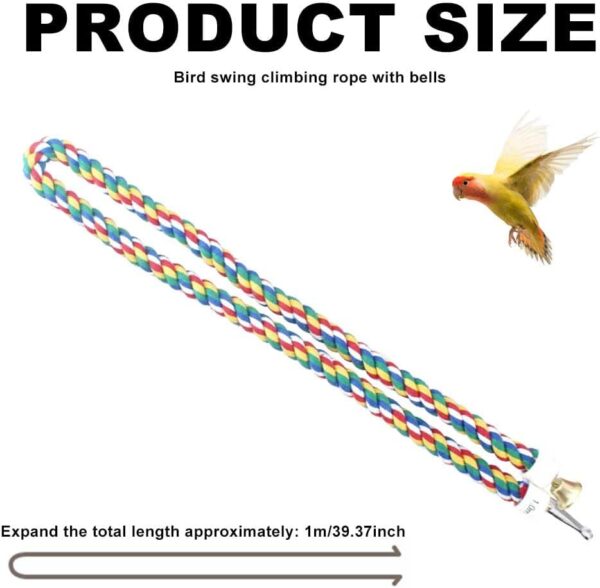 100CM Bird Toys Colorful Bird Rope Perch,Cotton Standing Rope Perch with Bell Parrot Swing Climbing Standing Hanging Toys Bird Cage Accessories for Parrot Parakeet Budgies - Image 2