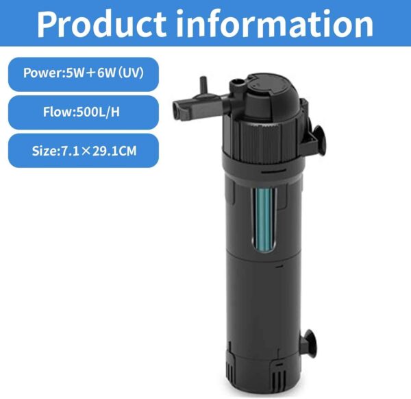 Ormromra Internal Fish Tank Filter, UV Aquarium Filter Pump, 500 L/H Water Pump Filter, Adjustable Filter Pump for Aquarium, Fish Tank, Turns Green Water to Clear - Image 2