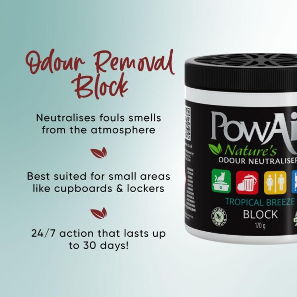 PowAir Block Natural Odour Neutraliser - Lemongrass Scent 170g - Odour Control for Small Rooms and Areas - Natural Essential Oils - Image 2