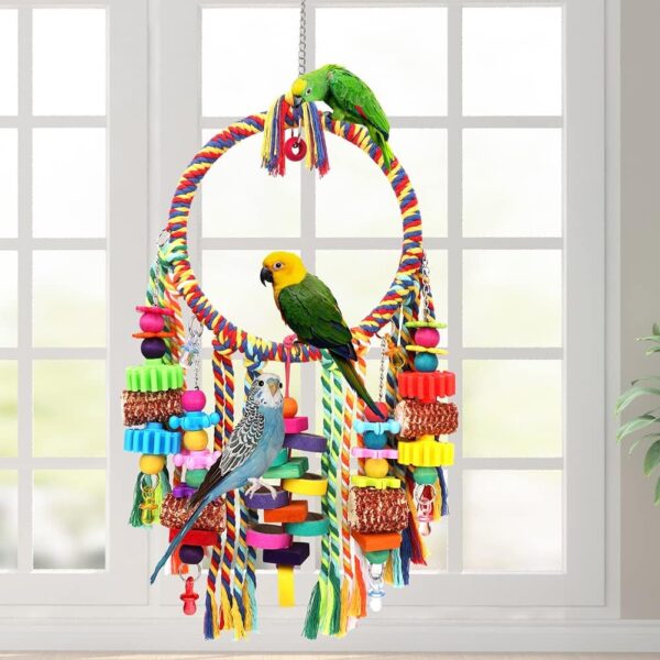 Bird Toys Bird Rope Ring Swing Perch with Corn Cob Cardboard Bagels Wooden Blocks Chewing Toys for Parakeets,Conure,Lovebirds,Finches And Other Small to Medium-sized Birds - Image 2