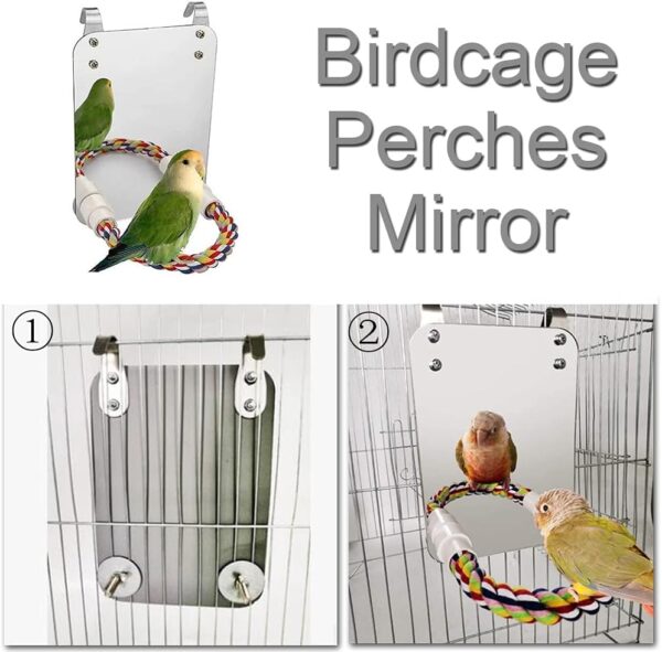 NA Bird Mirror Birdcage Perches Mirror Birdcage Stand Perch Parrot Bite Toy with Rope for Parakeet, Cockatoo, Cockatiel and More, white - Image 7