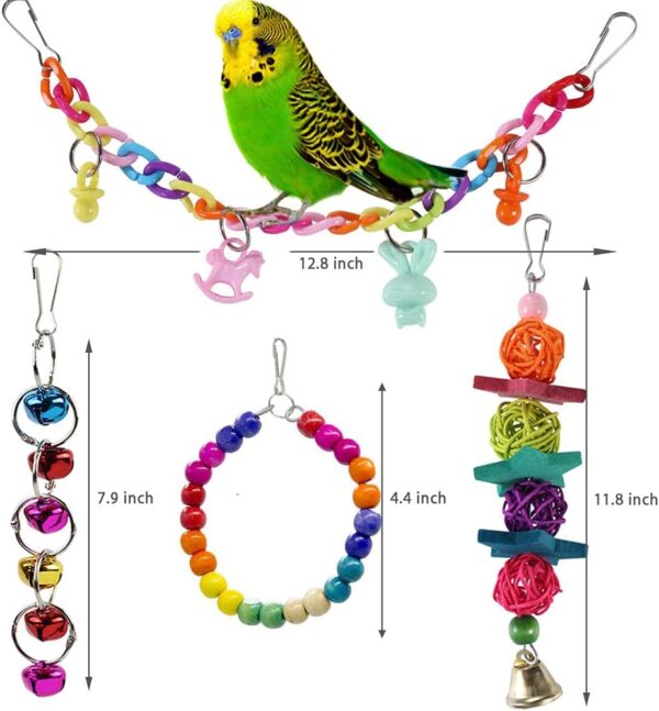 Bird Parrot Toys, Hanging Bell Bird Cage Swing Toy, Wooden Perch Chewing Toys for Small Parakeets, Cockatiels, Conures, Budgie, Lovebirds, Macaws (8Pcs Brid Toys) - Image 3