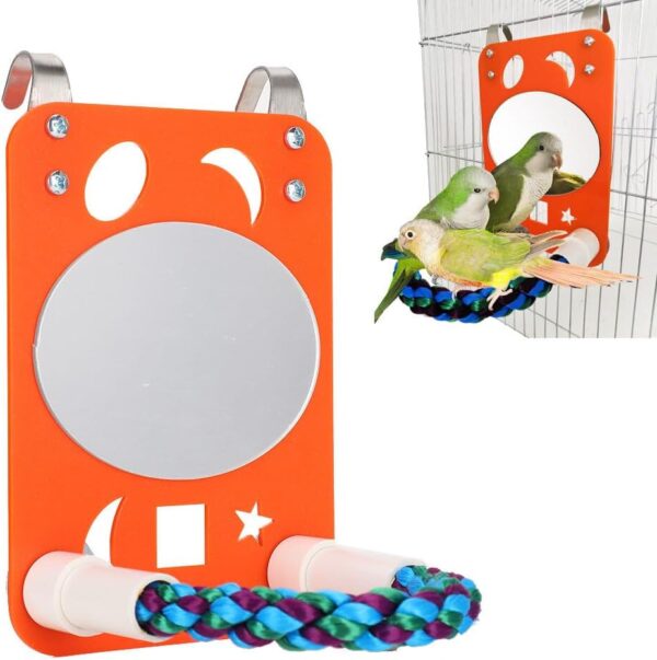 Esenlong Acrylic Bird Mirror with Rope Perch Parrots Bird Toy with Perch for Greys Amazons Parakeet Cockatiel Lovebirds - Image 2
