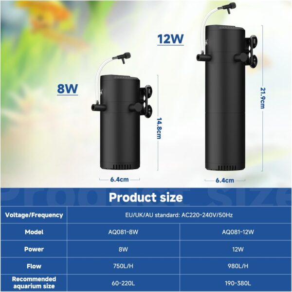 AQQA Internal Fish Tank Filter,8W Submersible Aquarium Filter Pump with Adjustable Water Flow,2 Water Outlet Aquarium Filter,750L/H Water Pump for 60-220L Fish Tank - Image 6