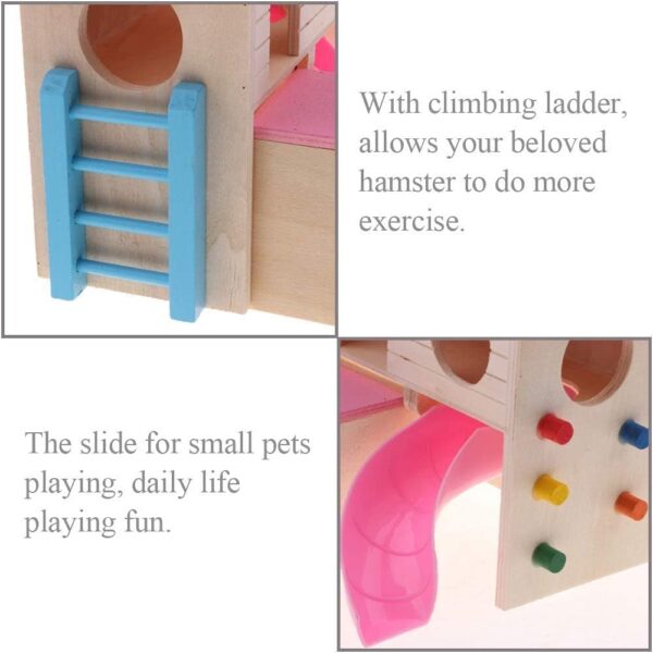 PINVNBY Wooden Hamster House Small Animal Hideout Climbing Ladder Slide Hut Play Toys for Chipmunk Mouse Rat Hedgehog (Pink) - Image 2