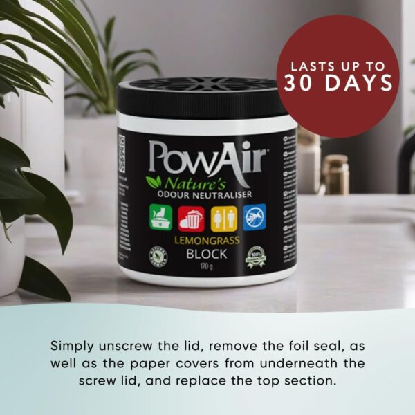 PowAir Block Natural Odour Neutraliser - Lemongrass Scent 170g - Odour Control for Small Rooms and Areas - Natural Essential Oils - Image 3