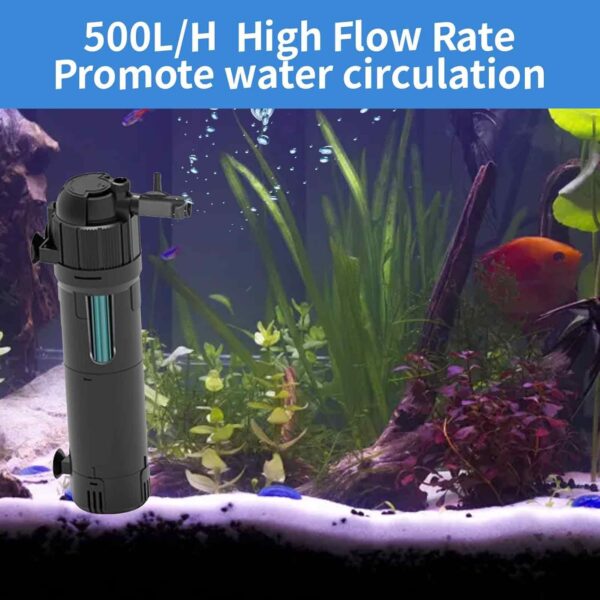 Ormromra Internal Fish Tank Filter, UV Aquarium Filter Pump, 500 L/H Water Pump Filter, Adjustable Filter Pump for Aquarium, Fish Tank, Turns Green Water to Clear - Image 4