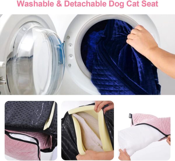 Washable Dog Car Seat for Medium & Small Dog, Pet Booster Seat Bed with Safety Seat Belt Leash for Puppy Cat Travel, Velvet & Soft Filling (Pink) - Image 6