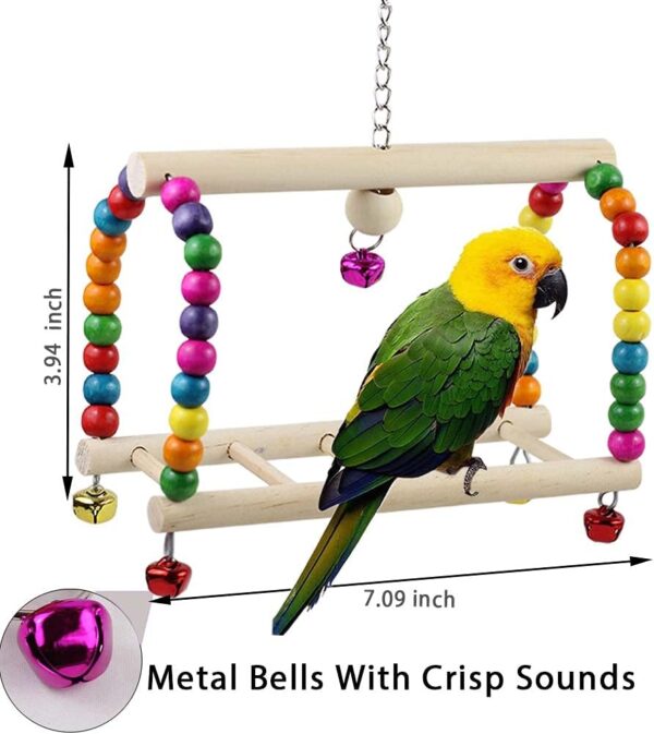 Bird Parrot Toys, Hanging Bell Bird Cage Swing Toy, Wooden Perch Chewing Toys for Small Parakeets, Cockatiels, Conures, Budgie, Lovebirds, Macaws (8Pcs Brid Toys) - Image 4