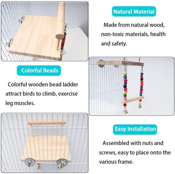 Bird Platform Stand Wooden,Parrot Perches,Wood Bird Cage Toys with Swing Bell,Flat Perch Chewing Toy for Budgie,Green Cheeks,Baby Lovebird,Chinchilla,Play Gyms Exercise - Image 3