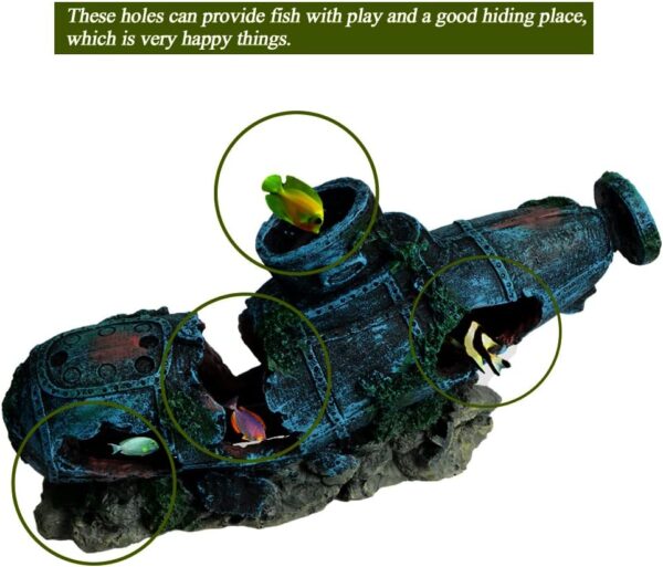 Uotyle Aquarium Ornament, Crash Submarine Aquarium Decoration For Large Fish Tank Resin Aquarium Cave Ornament for Fish Hide and Play - Image 4