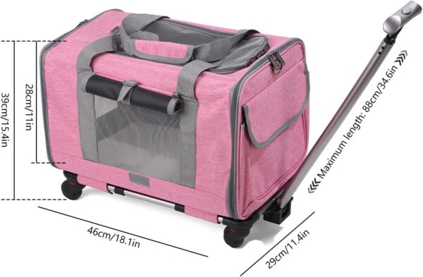 Pet Carrier On Wheels for Cats and Dogs, Cat Transport Carrier with Telescopic Handle, Dog Trolley Travel Tote Bag, Portable Pet Travel Carrier for Small Medium Pets (Pink) - Image 8