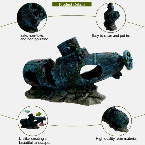 Uotyle Aquarium Ornament, Crash Submarine Aquarium Decoration For Large Fish Tank Resin Aquarium Cave Ornament for Fish Hide and Play - Image 2